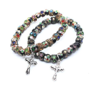 New Design Cloisonne Beads Beaded Cross Stretch Rosary Bracelet with Crucifix Elastic Rope Bracelet for Women