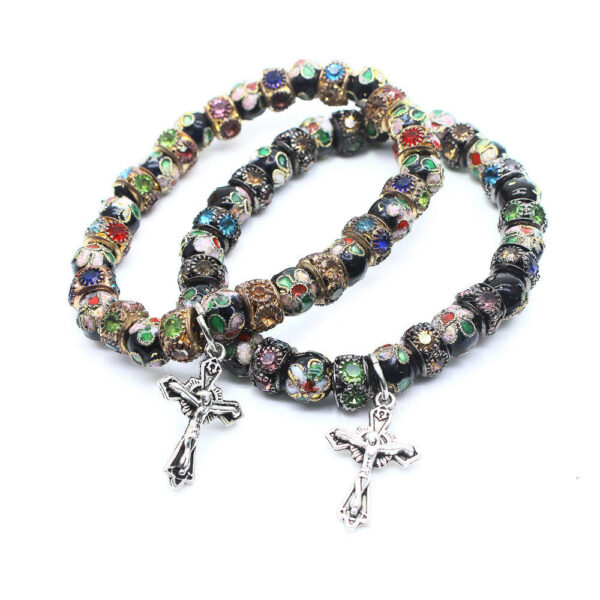 New Design Cloisonne Beads Beaded Cross Stretch Rosary Bracelet with Crucifix Elastic Rope Bracelet for Women