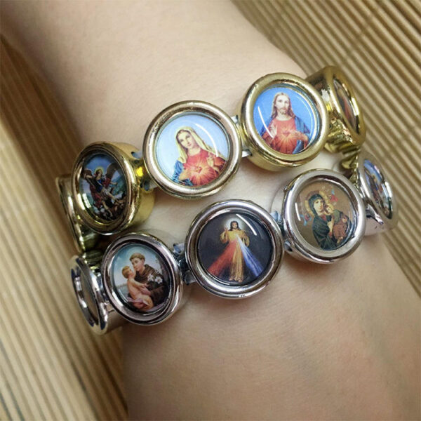 KOMI Acrylic Beads Rosary Stretch Elastic Bracelet for Men Silver Gold Religious Figures Round Coins Beaded Bracelets for Women