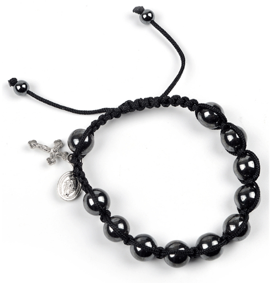 Komi Black Gallstone Beads Bracelet Metal Cross Pendant Catholic Knitted Woven Bracelet