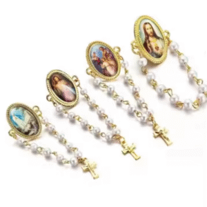 Golden Virgin Holy Medal Saint Icon Jesus Cross Pendant White Imitation Pearl Rosary Bracelet Rose Brooch Rosary