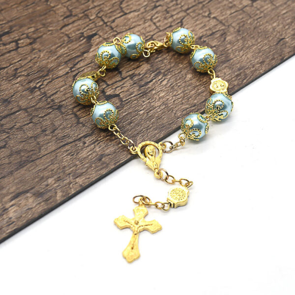 Komi Catholic Religious Glass Pearl Rosary Bracelet First Communion Prayer Bracelet with Crucifixand Miraculous Medal