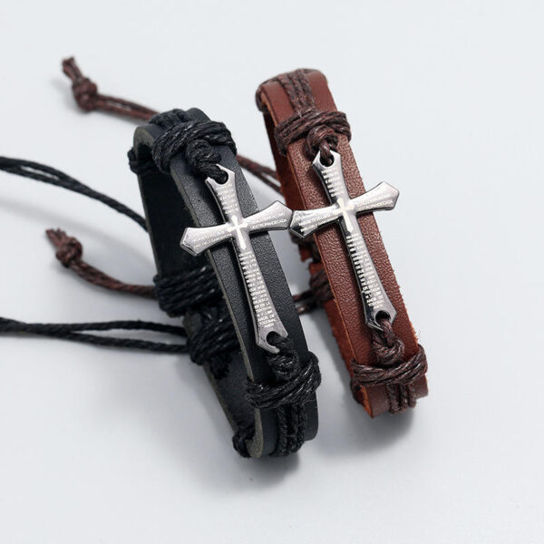 KOMI Handwoven Cowhide Bracelet Simple Pull Adjustable Vintage Leather Cross Bracelet