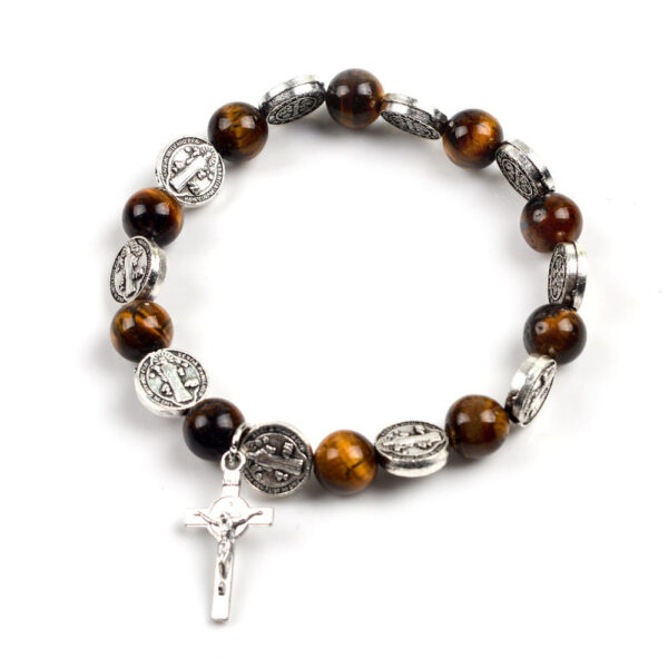 Catholic Natural Stone Rosary Bracelet Saint Benedict Alloy Medal Unisex Jesus Cross Religious Jewelry