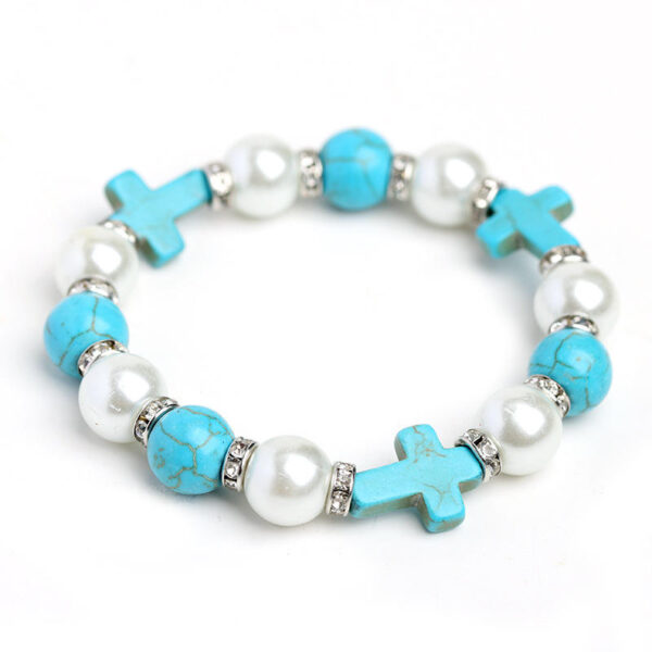 KOMI Dainty Pearl Rhinestone Crystal Beads Bracelet Adjustable Elastic Colored Turquoise Cross Beaded Bracelets for Women Men