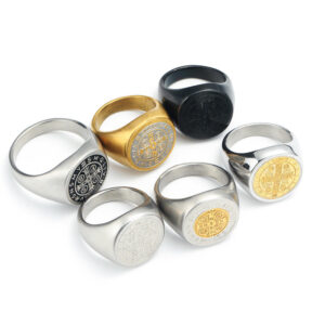 Hb883bd2cd3694cfa87cd9fab6ac062f5a Komi Vintage Saint Benedict Cross Religious Titanium Steel Ring Round Broad Face Print Religious Ring