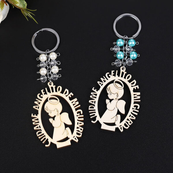 KOMI Hot Saling Baptism Keychain Little Angel Keyrings Wooden Boys and Girls Charms Key Chain Rings with Pearl Beads Keychains