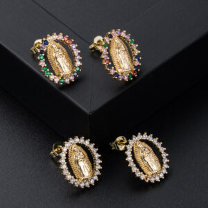 Hba89f58b2dd54a619e2b7855a07187abc Religious Jewelry 18K Gold Plated CZ Virgin Mary Medal Earrings Stud with Zircon Oval Coin Studs Gold Party Gifts