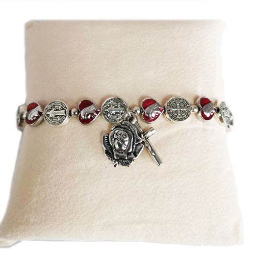 St. Benedict Medal and Red Heart Shaped Medal Bracelet with Cross and Maria Dedal
