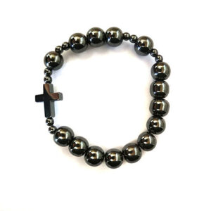 Komi Christian Handmade Rosary Bracelet Black Gallstone Hematite Beaded Cross Adjustable Bracelet Religious Jewelry Gift