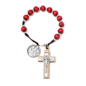 Rosary Red Wooden Beads Rose Bracelet Necklace Prayer St. Benedict Medal Jesus Cross Religious Jewelry Set