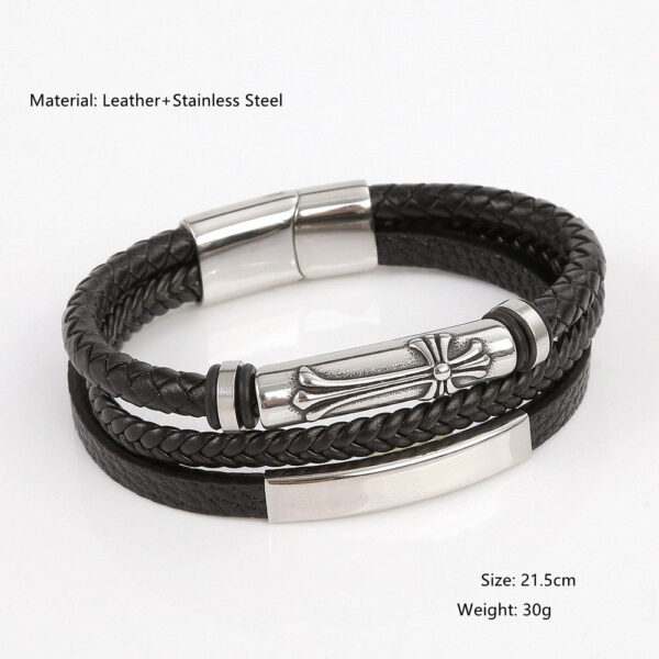 KOMI Mens Cuff Bracelet Bangles Black Leather Bracelets with Stainless Steel Buckle Cross Charms Bracelets Bangles for Men Gifts