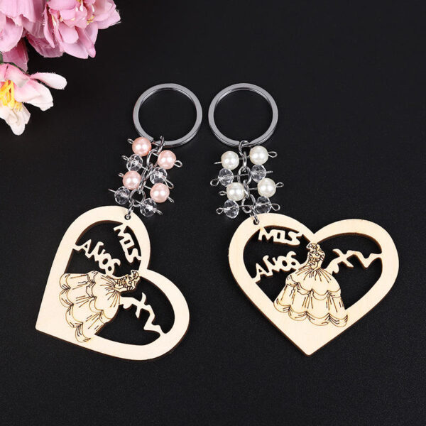 KOMI Custom Logo Engraved Heart Princess Promotion Souvenir Craft Keyring Pearl Key Chain Bag Key Ring Wood Keychains Keyrings