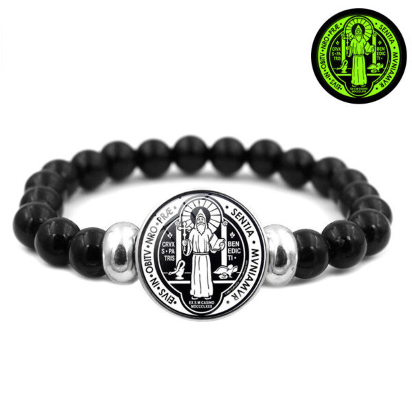 KOMI New Design Holy Light Saint Benedict's Medal Bracelet for Women All Black Stretch Beaded Bracelet