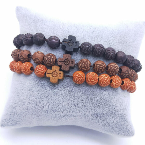 KOMI Simulation Wood Rose Beads Cross Bracelet Jewelry Beaded Rosary Bracelet for Women Men Religious Prayer Gift