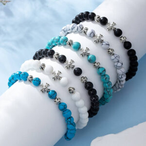 KOMI Fashion Natural 8mm Gemstone Beaded Bracelets with Vintage Metal Cross Bracelet Turquoise Beads Stretch Bracelet for Unisex
