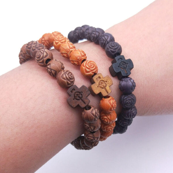 KOMI Simulation Wood Rose Beads Cross Bracelet Jewelry Beaded Rosary Bracelet for Women Men Religious Prayer Gift