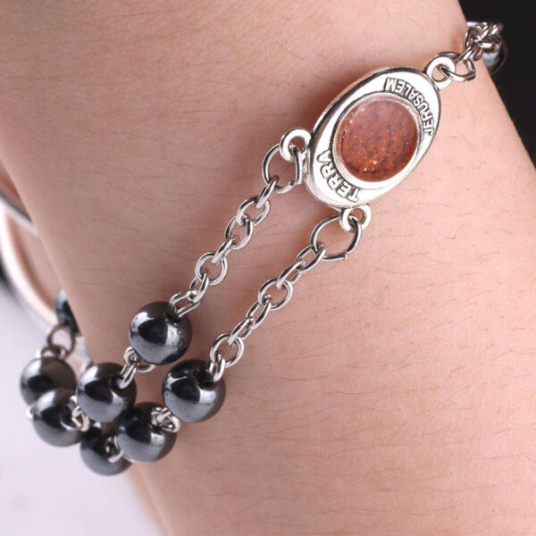 KOMI Women Handmade 6mm Natural Stone Hematite Beaded Bracelet Silver Chain Cross Charm Bracelet Bangles for Women Jewelry Gifts
