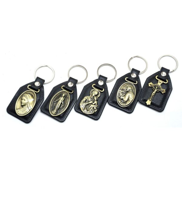 Factory Wholesale Spot Retro Metal Leather Combination Car Ornament Religious Figure Pattern Keychain Jewelry Pendant
