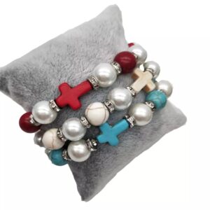 Hot Sale Pearl Turquoise Cross Beaded Bracelet Elastic Rope Strand Handmade Bracelet