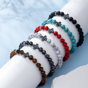 KOMI 8mm Natural Volcanic Lava Rock Tiger Eye Turquoise Gemstone Beaded Bracelets with Cross Elastic Stretch Bracelet for Unisex