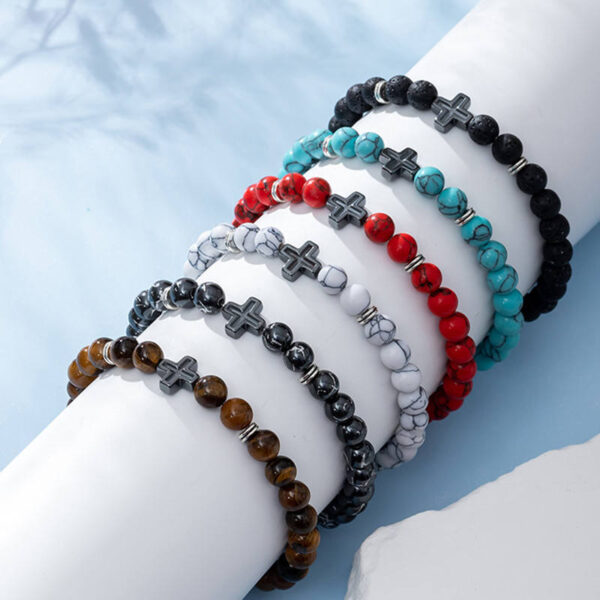 Hc91b6be92dfa46978d5f343f338e7a7el KOMI 8mm Natural Volcanic Lava Rock Tiger Eye Turquoise Gemstone Beaded Bracelets with Cross Elastic Stretch Bracelet for Unisex