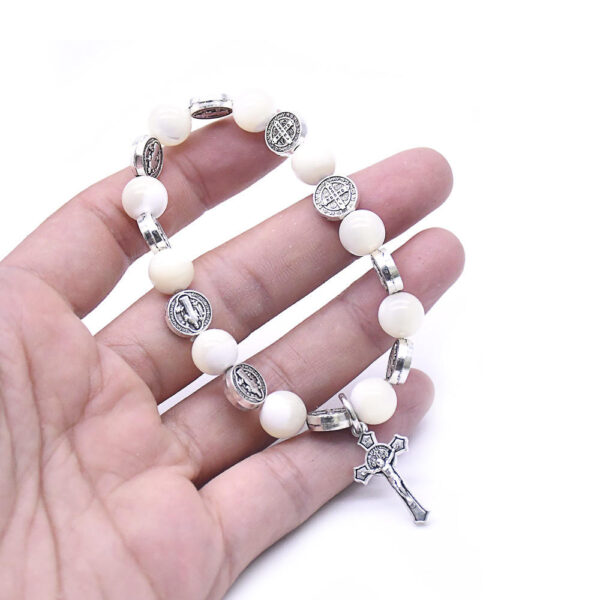 Hc939b9b21c7c43588b97c1cf368d715dK Komi Wholesales Religious Jewelry White Shell Metal Cross Beads Crucifix Pendant Prayer Rosary Bracelet