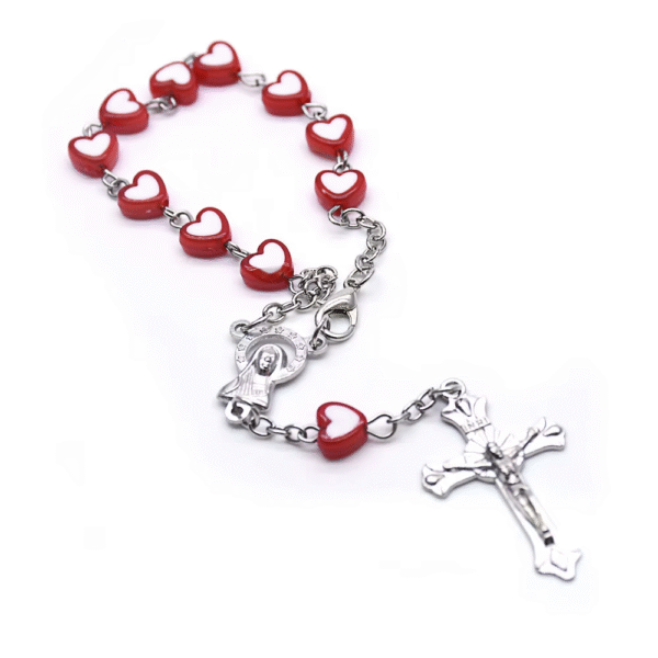 Komi Red Heart Shaped Plastic Beads Jesus Cross Pendant Decade Catholic Children Pray Religious Rosary Bracelet (复制)
