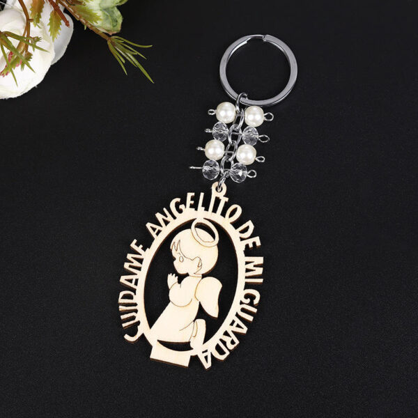 KOMI Hot Saling Baptism Keychain Little Angel Keyrings Wooden Boys and Girls Charms Key Chain Rings with Pearl Beads Keychains