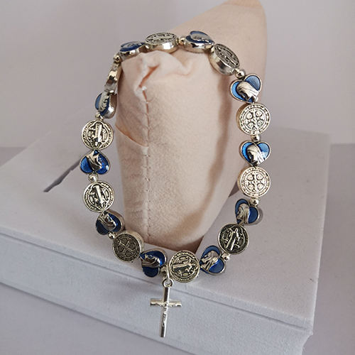 St. Benedict Medal and Blue Heart Shaped Medal Bracelet with Cross and Maria Dedal