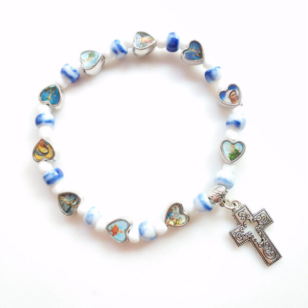 KOMI Hot Selling Multicolor Ceramic Hollow Cross Religious Mary Jesus Virgin Elastic Beading Bracelet