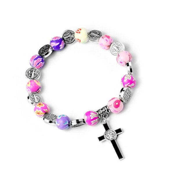 KOMI Wholesale 8mm Polymer Clay Rosary Beads Bracelet Hand String Elastic Bracelet with Cross Charm St.Benedict Beaded Bangles