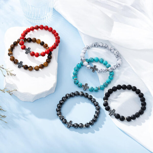 Hd0e654e0bf8a4a1ebbfba7784d1ea9fcL KOMI 8mm Natural Volcanic Lava Rock Tiger Eye Turquoise Gemstone Beaded Bracelets with Cross Elastic Stretch Bracelet for Unisex