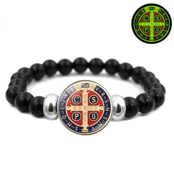 KOMI New Design Holy Light Saint Benedict's Medal Bracelet for Women All Black Stretch Beaded Bracelet