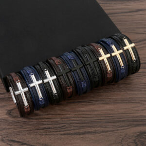 KOMI Mens Cross Leather Cuff Bracelet Bangles Multi-Layer Braided Leather with Cross Charm Wristband Bangle for Men Boys Gifts