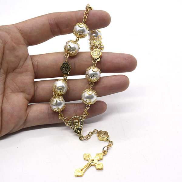 Komi Catholic Religious Glass Pearl Rosary Bracelet First Communion Prayer Bracelet with Crucifixand Miraculous Medal