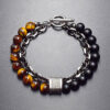 Komi Layered Bracelets Beads and Chunky Metal Chain Bracelet Tiger Eye Lava Rock Gemstone Beaded Bracelet Bangles