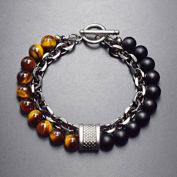 Komi Layered Bracelets Beads and Chunky Metal Chain Bracelet Tiger Eye Lava Rock Gemstone Beaded Bracelet Bangles