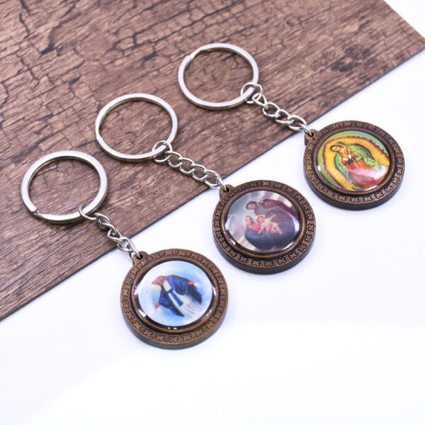 Komi Customized Religious Catholic High Quality Wooden Photo Keyrings Jesus Icon Image Keychain