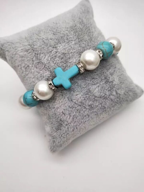 Hd7e91a6e4a124165b69a4474f869ef44O Hot Sale Pearl Turquoise Cross Beaded Bracelet Elastic Rope Strand Handmade Bracelet