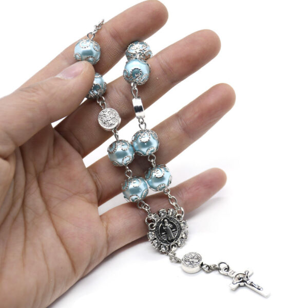 Komi Rosary Bracelets Cross Metal St. Benedict Beads and Glass Pearl Beads Bracelet Car Hanging Hand String for Women