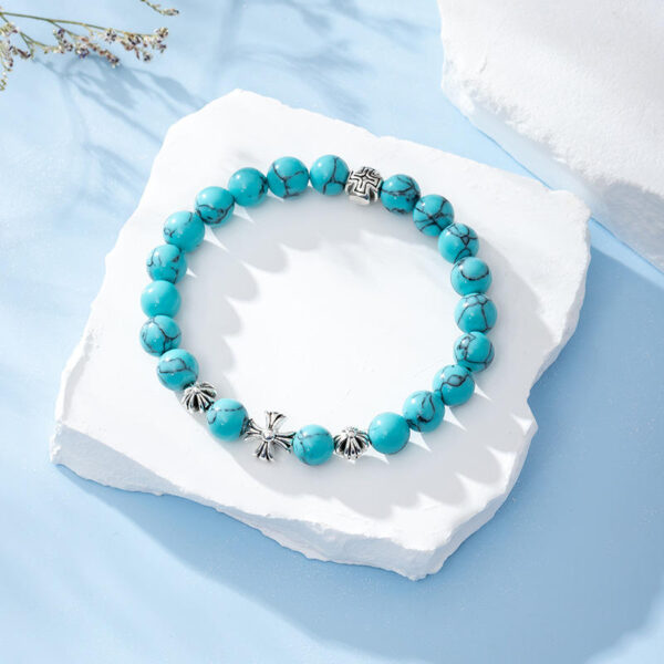 Hd974092c30a24f378160dbb5196d3955f KOMI Fashion Natural 8mm Gemstone Beaded Bracelets with Vintage Metal Cross Bracelet Turquoise Beads Stretch Bracelet for Unisex