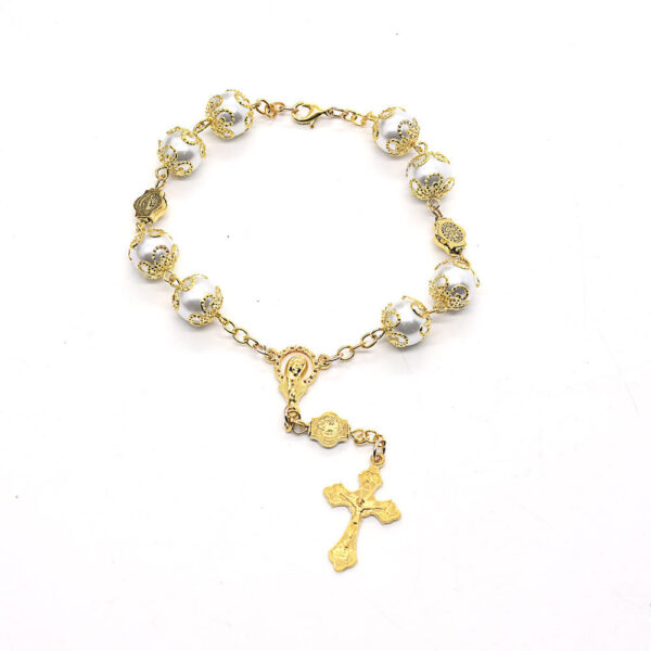 Komi Catholic Religious Glass Pearl Rosary Bracelet First Communion Prayer Bracelet with Crucifixand Miraculous Medal