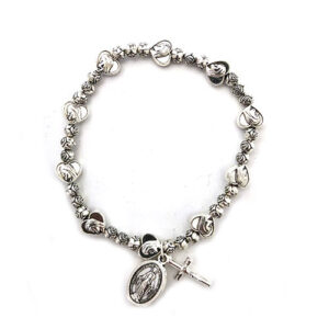 Handmade Rosary Bracelet Elasticated Metal Bracelet Round Rose Heart Shape Medal and Alloy Rose Beads Prayer Bracelets