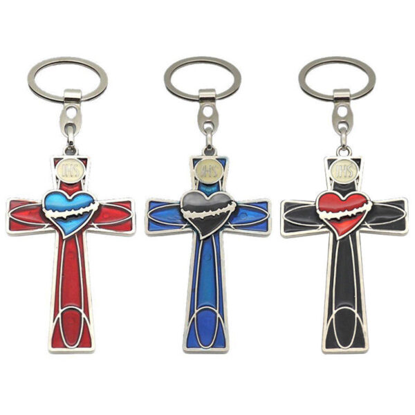 KOMI Christian Cross Keychains for Women Colored Enamel Heart Cross KeyChain for Men Cross Pendant Keyrings for Car Baptism Gift