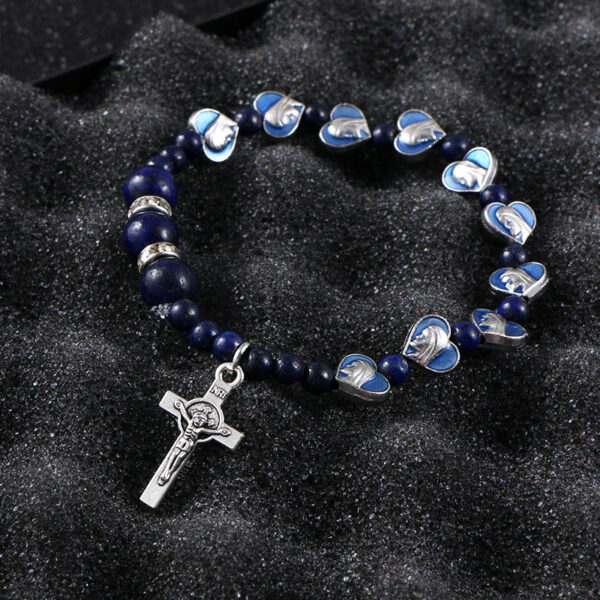 KOMi Heart Alloy Bead Virgin Mary Cross Adjustable Rosary Bracelet Crystal Charm Bracelet Handmade Religious Jewelry Gift
