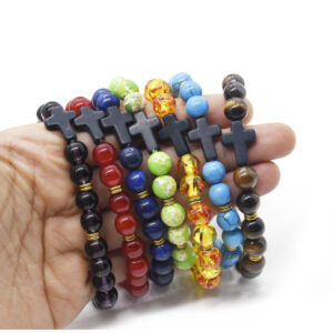 Religious Jewelry Natural Stone Cross Bracelet Stretch Semi-Precious Stone Bead Bracelet