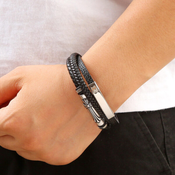 KOMI Mens Cuff Bracelet Bangles Black Leather Bracelets with Stainless Steel Buckle Cross Charms Bracelets Bangles for Men Gifts