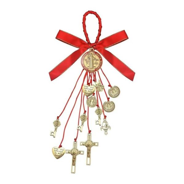 KOMI Silver St. Benedict Medals Keys Crucifix Cross Charms Pendants Ribbon Rope Hanging for Car Accessories Door Home Decoration