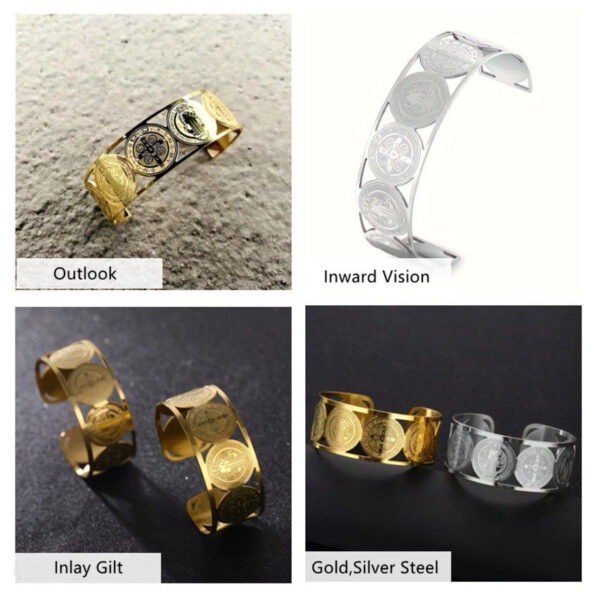 He45e774f2ff3412cae9615740f0ca75fJ KOMI Stainless Steel Saint Benedict Cross Bracelet for Women Silver Gold Chunky Religious Cuff Bangles for Christian Prayer Gift